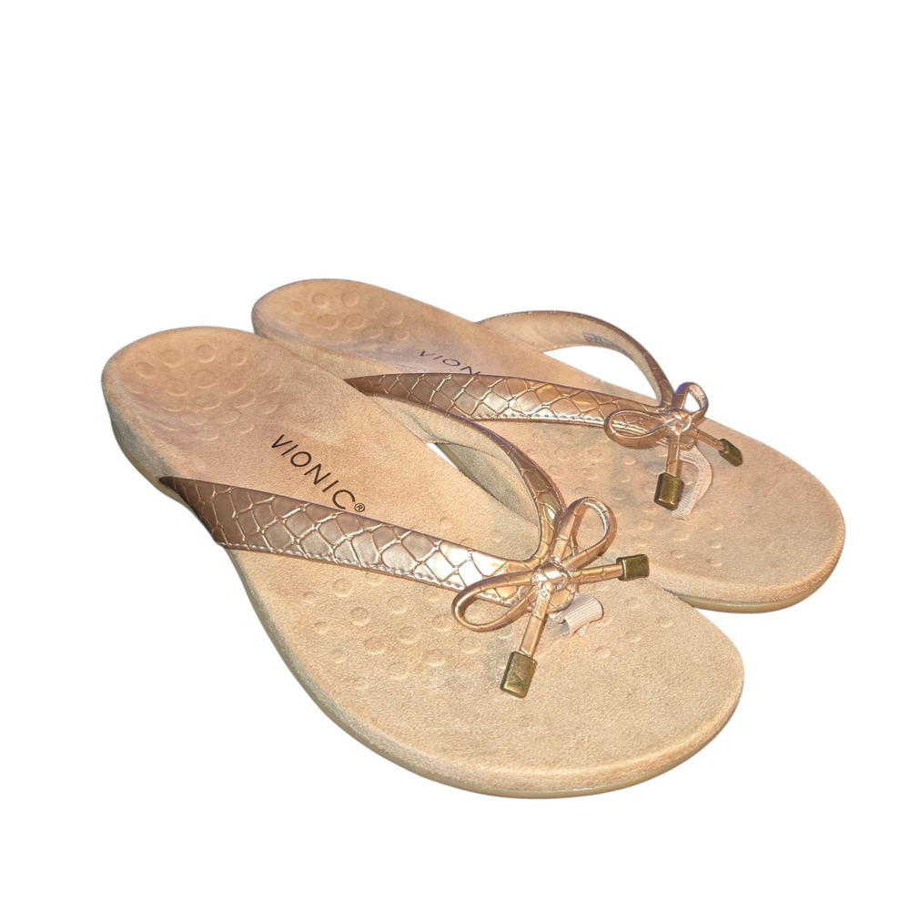 Vionic Bella Sandals Womens 9.5 Tan Croc Embossed Bow Accented Thongs Flip Flops